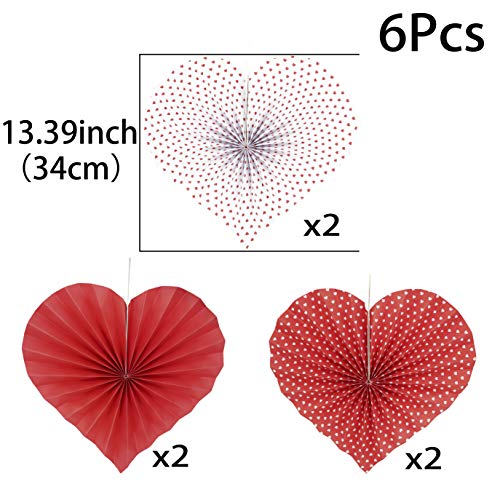 Red Heart Valentines Party Hanging Decorations Paper Fans Wedding Anniversary Bachelorette Bridal Shower Baby Shower Birthday Party Photo Backdrops Decorations, 6pc