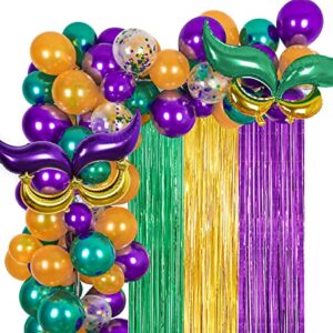whaline 109pcs mardi gras party decoration set tail crescent star shape foil balloons purple green gold confetti balloons vintage fringe curtains for masquerade new orleans carnival party supplies