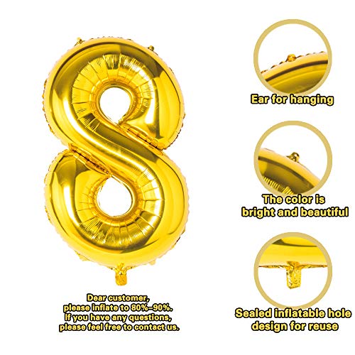 Gold 8 Balloons,40 Inch Birthday Foil Balloon Party Decorations Supplies Helium Mylar Digital Balloons (Gold Number 8)