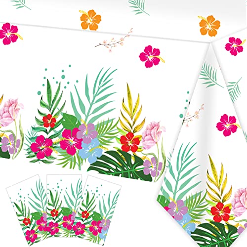 3 Pack Hawaiian Luau Tablecloths for Party Decoration, Hawaii Disposable Plastic Rectangular Table Covers, Aloha Tropical Palm Leaves Table Cloth, Summer Beach Kids Birthday Cocktail Party Supplies