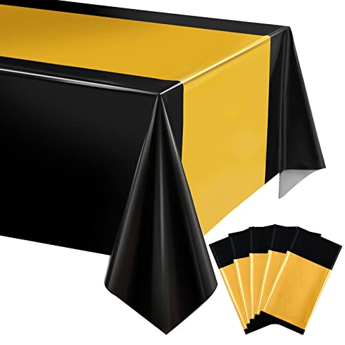 Tablecloth Black Plastic Table Cover Rectangle Disposable Tablecloth Set for Graduation Birthday Wedding Anniversary Picnic Festive Events Party Table Decoration Supplies (Black and Gold, 6)