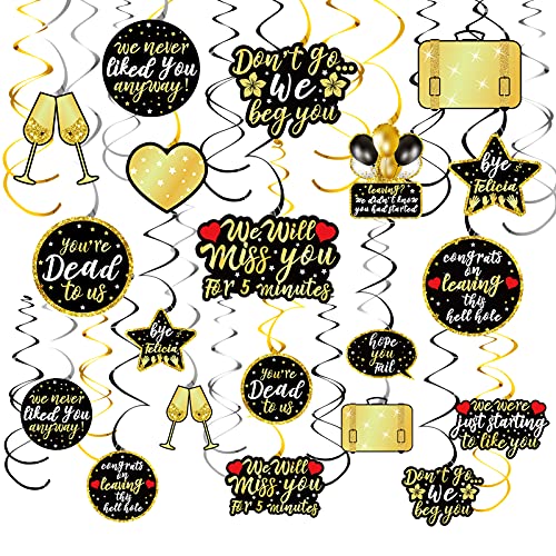 30Pcs Going Away Party Decorations We Will Miss You Hanging Swirls, Funny Coworker Leaving Retirement Farewell Goodbye Bye Felicia Theme Party Supplies(Black Gold)