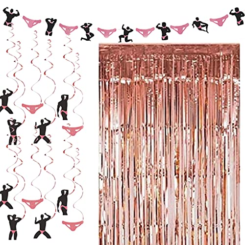 Bachelorette Party Decorations I Rose Gold Shower Curtain, Stripper Man Hanging Swirls and Banner for Birthday Decorations Wedding Engagement Bachelorette Party Supplies Bridal Shower Naughty Supply