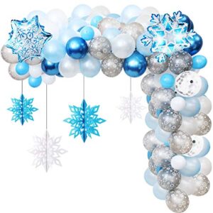 76 pieces snowflake balloon garland arch kit winter wonderland decorations with clear silver blue paper snowflake decor and 100 pieces glue for christmas xmas frozen snow party favors supplies