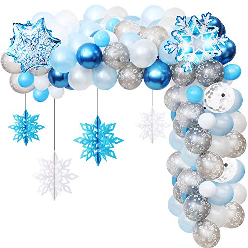 76 Pieces Snowflake Balloon Garland Arch Kit Winter Wonderland Decorations with Clear Silver Blue Paper Snowflake Decor and 100 Pieces Glue for Christmas Xmas Frozen Snow Party Favors Supplies