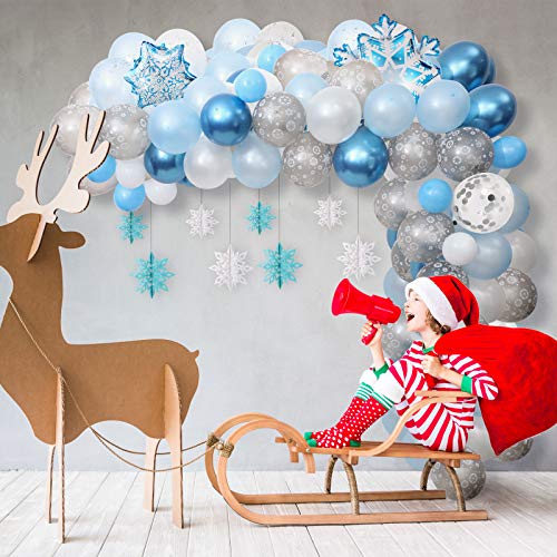 76 Pieces Snowflake Balloon Garland Arch Kit Winter Wonderland Decorations with Clear Silver Blue Paper Snowflake Decor and 100 Pieces Glue for Christmas Xmas Frozen Snow Party Favors Supplies