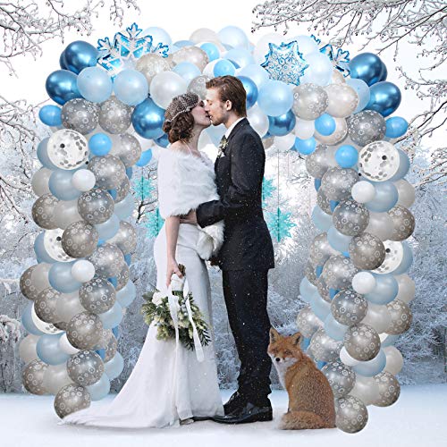 76 Pieces Snowflake Balloon Garland Arch Kit Winter Wonderland Decorations with Clear Silver Blue Paper Snowflake Decor and 100 Pieces Glue for Christmas Xmas Frozen Snow Party Favors Supplies