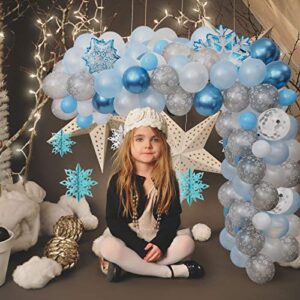 76 Pieces Snowflake Balloon Garland Arch Kit Winter Wonderland Decorations with Clear Silver Blue Paper Snowflake Decor and 100 Pieces Glue for Christmas Xmas Frozen Snow Party Favors Supplies