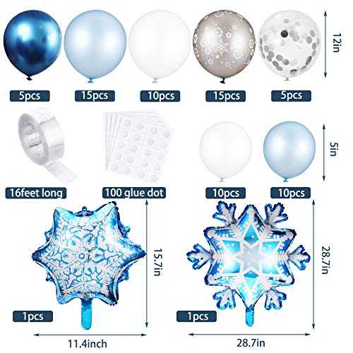 76 Pieces Snowflake Balloon Garland Arch Kit Winter Wonderland Decorations with Clear Silver Blue Paper Snowflake Decor and 100 Pieces Glue for Christmas Xmas Frozen Snow Party Favors Supplies