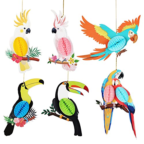 KESOTE 6 Pieces Hawaiian Tropical Parrot Birds Honeycomb Paper Cutouts Hanging Party Decorations, Summer Beach Tiki Bar Rainforest Party Decor for Home Classroom Yard