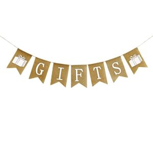 burlap gifts banner – rustic gifts sign for baby shower, bridal shower, birthday, wedding gift table decorations – country theme gift table decor idea – large size, 7 x 5 inches