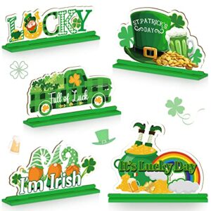 5 Pcs St. Patrick's Day Table Decorations St. Patrick Lucky Table Sign Shamrocks Green Truck Leprechaun Table Ornaments Wooden St. Patrick Table Centerpiece for St Patrick's Day Home Party Decor