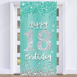 luxiocio teal silver 18th birthday decorations door banner for girls, breakfast blue happy 18 cover backdrop party supplies, eighteen year old photo booth background decor outdoor indoor