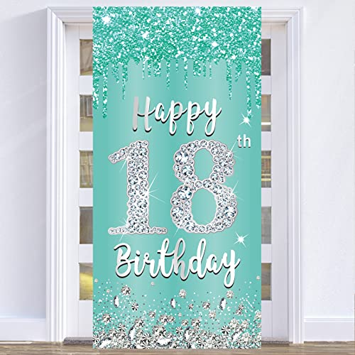 Luxiocio Teal Silver 18th Birthday Decorations Door Banner for Girls, Breakfast Blue Happy 18 Cover Backdrop Party Supplies, Eighteen Year Old Photo Booth Background Decor Outdoor Indoor