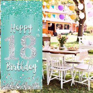 Luxiocio Teal Silver 18th Birthday Decorations Door Banner for Girls, Breakfast Blue Happy 18 Cover Backdrop Party Supplies, Eighteen Year Old Photo Booth Background Decor Outdoor Indoor