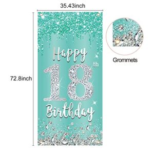 Luxiocio Teal Silver 18th Birthday Decorations Door Banner for Girls, Breakfast Blue Happy 18 Cover Backdrop Party Supplies, Eighteen Year Old Photo Booth Background Decor Outdoor Indoor