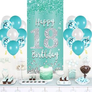 Luxiocio Teal Silver 18th Birthday Decorations Door Banner for Girls, Breakfast Blue Happy 18 Cover Backdrop Party Supplies, Eighteen Year Old Photo Booth Background Decor Outdoor Indoor