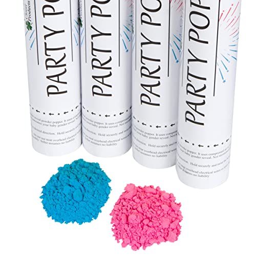 Clover Products Premium Gender Reveal Powder Cannon – 4 Pack Includes 2 Pink and 2 Blue | 12 Inch Gender Reveal Poppers | Compressed Air Powered | Make Your Announcement Unforgettable | Each Box Contains a FREE “It’s a Girl” and “It’s a Boy” Balloon.