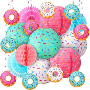 20 pcs donut birthday party decorations, 8 pcs donut lanterns sprinkle hanging paper lanterns, honeycomb ball, 2 pcs party paper fans, 10 pcs donut hanging swirl for baby shower ice cream party