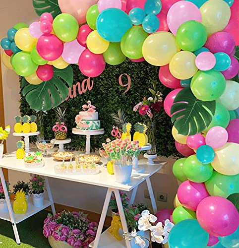 101 pcs Tropical Luau Balloons Arch Kit-Pink Green Yellow Blue Garland Kit with Palm Leaves for Tropical Hawaii Flamingo Moana Aloha Beach Themed Birthday Baby Shower Party Decoration Supplies