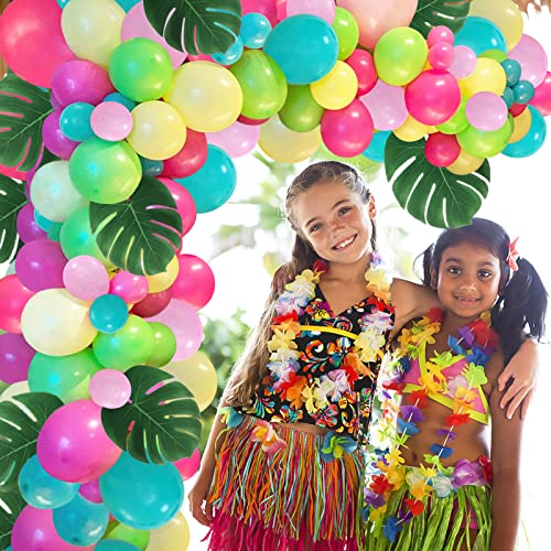 101 pcs Tropical Luau Balloons Arch Kit-Pink Green Yellow Blue Garland Kit with Palm Leaves for Tropical Hawaii Flamingo Moana Aloha Beach Themed Birthday Baby Shower Party Decoration Supplies