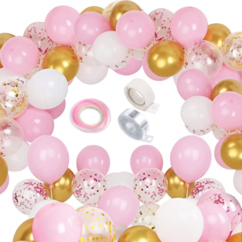 Pink Gold Confetti Balloons Arch Kit, 103 Pack 12inch Pink and Gold White Latex Balloons, Birthday Balloons for Girls, Baby Shower Balloons