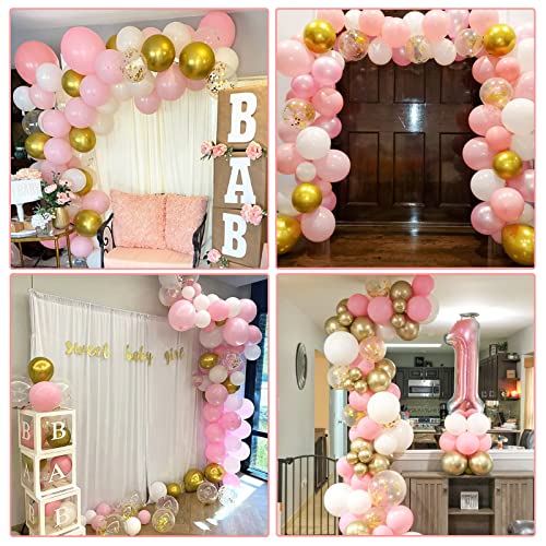 Pink Gold Confetti Balloons Arch Kit, 103 Pack 12inch Pink and Gold White Latex Balloons, Birthday Balloons for Girls, Baby Shower Balloons