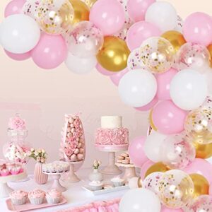 Pink Gold Confetti Balloons Arch Kit, 103 Pack 12inch Pink and Gold White Latex Balloons, Birthday Balloons for Girls, Baby Shower Balloons