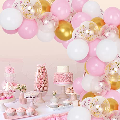 Pink Gold Confetti Balloons Arch Kit, 103 Pack 12inch Pink and Gold White Latex Balloons, Birthday Balloons for Girls, Baby Shower Balloons