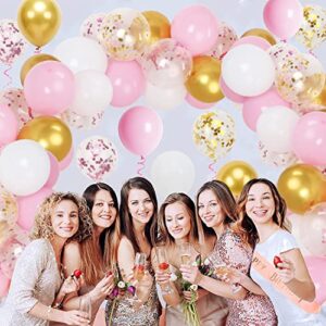 Pink Gold Confetti Balloons Arch Kit, 103 Pack 12inch Pink and Gold White Latex Balloons, Birthday Balloons for Girls, Baby Shower Balloons