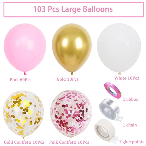 Pink Gold Confetti Balloons Arch Kit, 103 Pack 12inch Pink and Gold White Latex Balloons, Birthday Balloons for Girls, Baby Shower Balloons