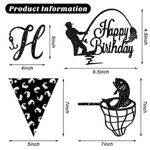 3 Pieces Fishing Birthday Banner Decoration Fisherman Cake Topper Triangle Banner Glitter Fishing Happy Birthday Cake Decoration for Men Boys Kids Black Go Fishing Theme Birthday Party Supplies