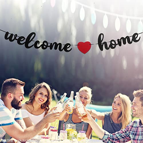 Welcome Home Banner and Sign Decor Black Glitter Pre-Strung Banner for House Warming Military Army Homecoming Party Decorations (Style-1)