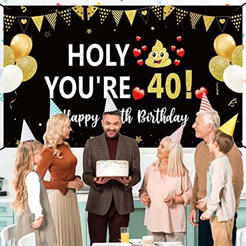 Funny 40th Birthday Banner Backdrop Decorations for Men Women, Black Gold Happy 40 Birthday Banner Sign Party Supplies, Fortieth Birthday Photo Booth Background Decor for Outdoor Indoor