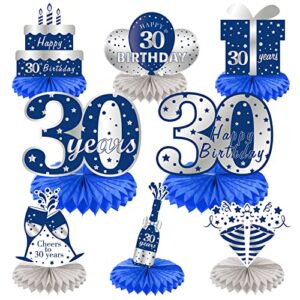 kauayurk 8pcs 30th birthday honeycomb centerpieces decorations for men, blue silver happy 30 table centerpiece party supplies,thirty year old topper decor sign