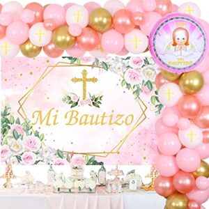 mi bautizo party decoration pink white balloon garland kit for girls with mi bautizo backdrop first communion confirmation christening decoration baptism party decoration for bautizo baby shower party