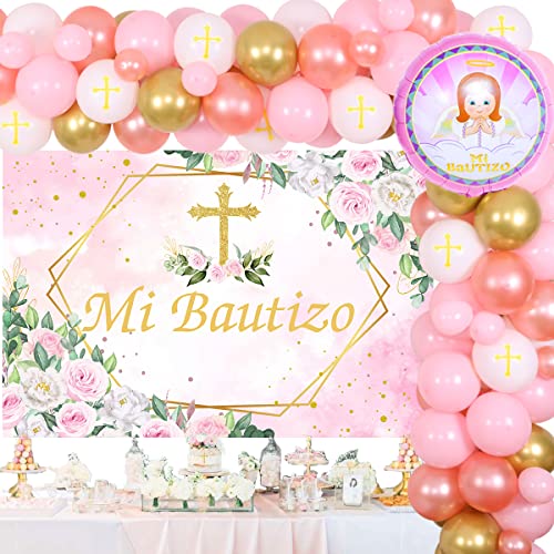 Mi Bautizo Party Decoration Pink White Balloon Garland Kit for Girls with Mi Bautizo Backdrop First Communion Confirmation Christening Decoration Baptism Party Decoration for Bautizo Baby Shower Party