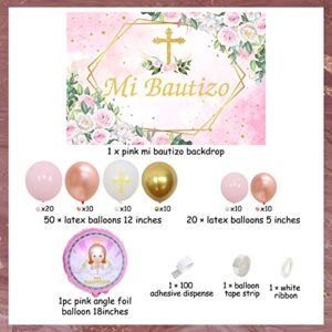 Mi Bautizo Party Decoration Pink White Balloon Garland Kit for Girls with Mi Bautizo Backdrop First Communion Confirmation Christening Decoration Baptism Party Decoration for Bautizo Baby Shower Party
