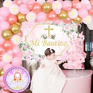 Mi Bautizo Party Decoration Pink White Balloon Garland Kit for Girls with Mi Bautizo Backdrop First Communion Confirmation Christening Decoration Baptism Party Decoration for Bautizo Baby Shower Party