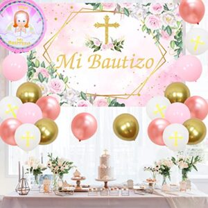 Mi Bautizo Party Decoration Pink White Balloon Garland Kit for Girls with Mi Bautizo Backdrop First Communion Confirmation Christening Decoration Baptism Party Decoration for Bautizo Baby Shower Party