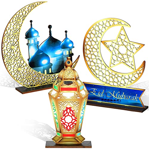 3 Pieces Eid Mubarak Table Decorations Wooden Centerpiece Signs, Eid Ramadan Kareem Table Top Centerpieces Wooden Candy Day for Eid Ramadan Muslims Dinner Coffee Table Topper Tier Tray Room Decor