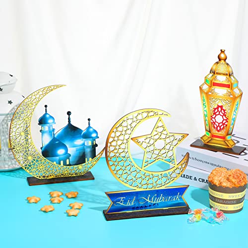 3 Pieces Eid Mubarak Table Decorations Wooden Centerpiece Signs, Eid Ramadan Kareem Table Top Centerpieces Wooden Candy Day for Eid Ramadan Muslims Dinner Coffee Table Topper Tier Tray Room Decor