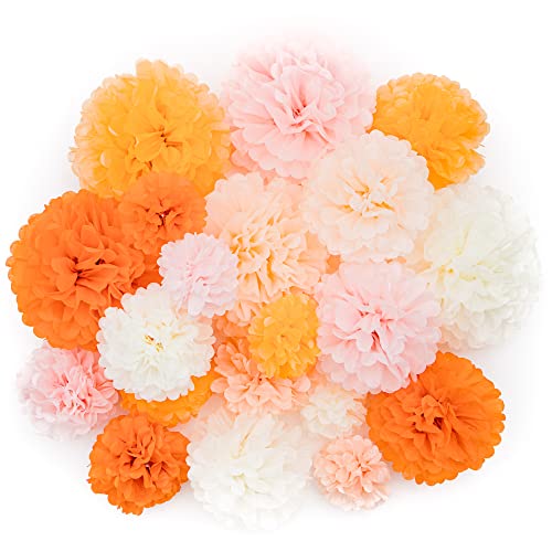 PapaKit Party Tissue Pom Pom Paper Flower Set, for Birthday Party Baby Shower Wedding Engagement Bachelorette Event Decoration ( Bright Orange Bloom, 20 Piece Set)