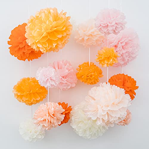 PapaKit Party Tissue Pom Pom Paper Flower Set, for Birthday Party Baby Shower Wedding Engagement Bachelorette Event Decoration ( Bright Orange Bloom, 20 Piece Set)