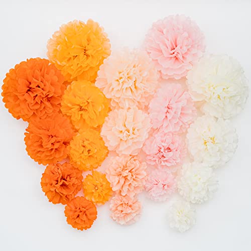 PapaKit Party Tissue Pom Pom Paper Flower Set, for Birthday Party Baby Shower Wedding Engagement Bachelorette Event Decoration ( Bright Orange Bloom, 20 Piece Set)