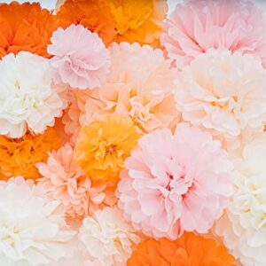 PapaKit Party Tissue Pom Pom Paper Flower Set, for Birthday Party Baby Shower Wedding Engagement Bachelorette Event Decoration ( Bright Orange Bloom, 20 Piece Set)