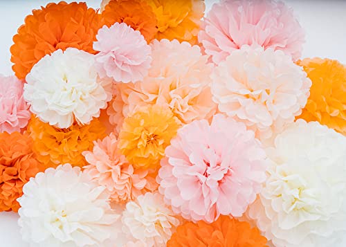 PapaKit Party Tissue Pom Pom Paper Flower Set, for Birthday Party Baby Shower Wedding Engagement Bachelorette Event Decoration ( Bright Orange Bloom, 20 Piece Set)