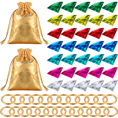 Chalyna 60 Pcs Acrylic Diamond Gem Jewelry Alloy Gold Round Ring Set Hedgehog Chaos Emerald Power Halloween Party Favor Pirate Treasure Hunting Cake Decor with Gift Bag for Birthday (Bright Style)