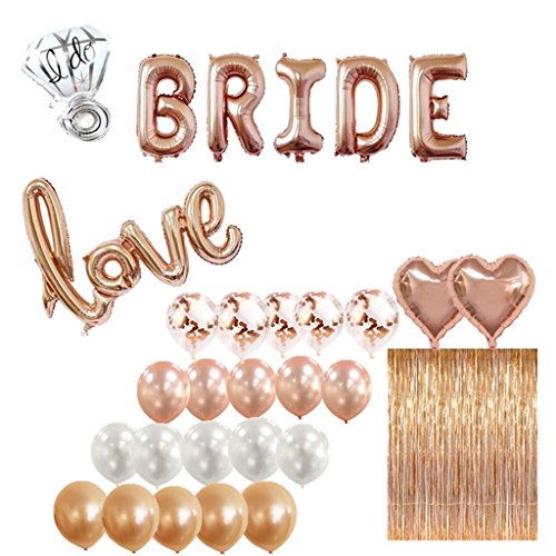 Bridal Shower Bachelorette Party Decorations Kit Rose Gold – 1 Fringe Curtain, 1 Bride Balloon, 1 Love Balloon, 1 Ring Balloon, 2 Heart Balloons, 5 Rose Gold 5 Blush Pink 5 White 5 Confetti Balloons