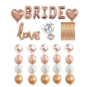 Bridal Shower Bachelorette Party Decorations Kit Rose Gold – 1 Fringe Curtain, 1 Bride Balloon, 1 Love Balloon, 1 Ring Balloon, 2 Heart Balloons, 5 Rose Gold 5 Blush Pink 5 White 5 Confetti Balloons